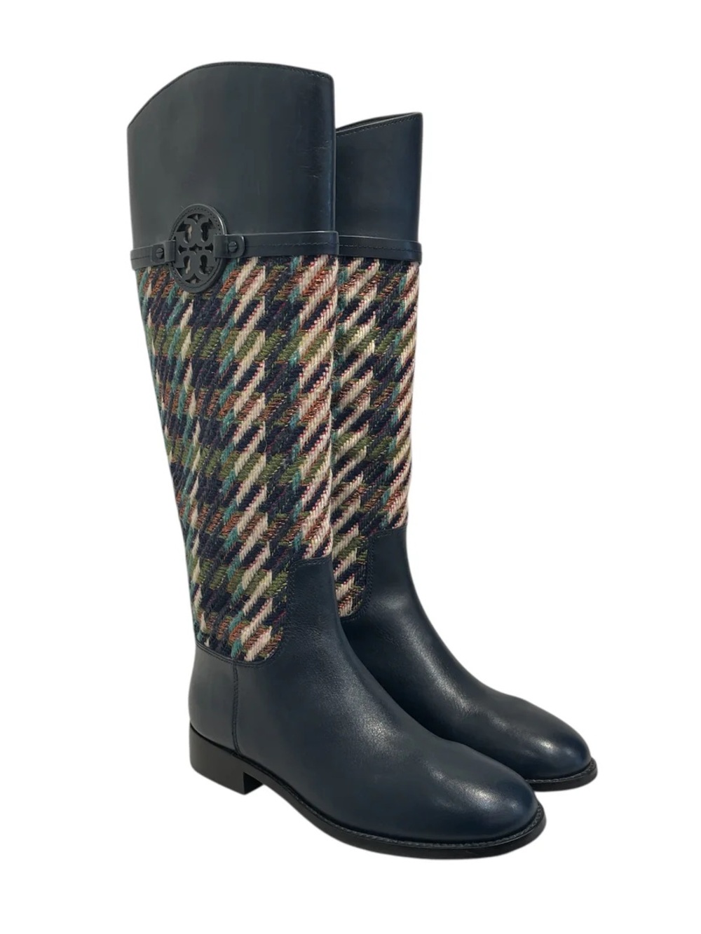 Tory Burch Navy Leather & Multicolor Tweed Over-the-Knee Boots